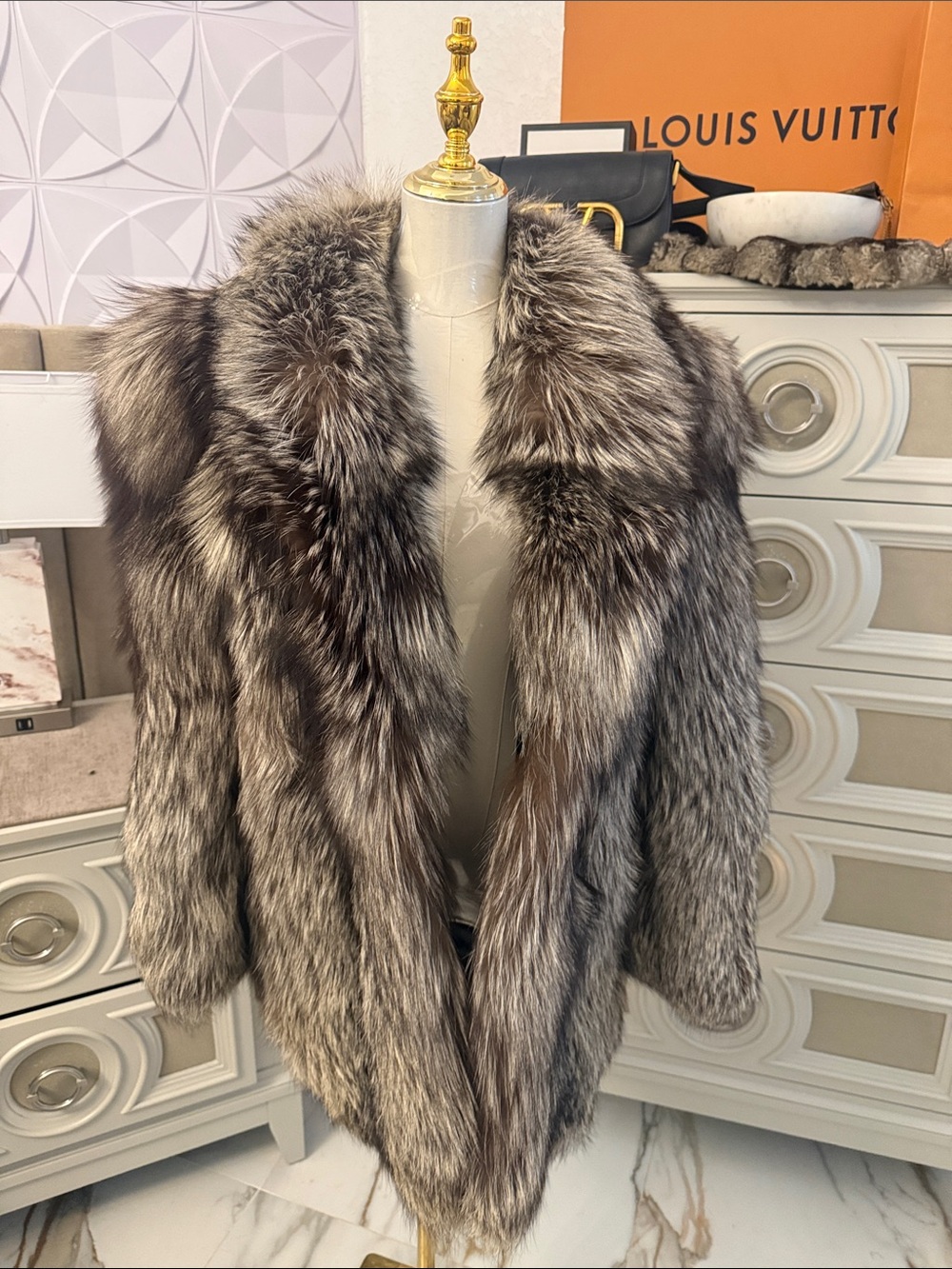 SAGA FURS SILVER FOX FUR COAT